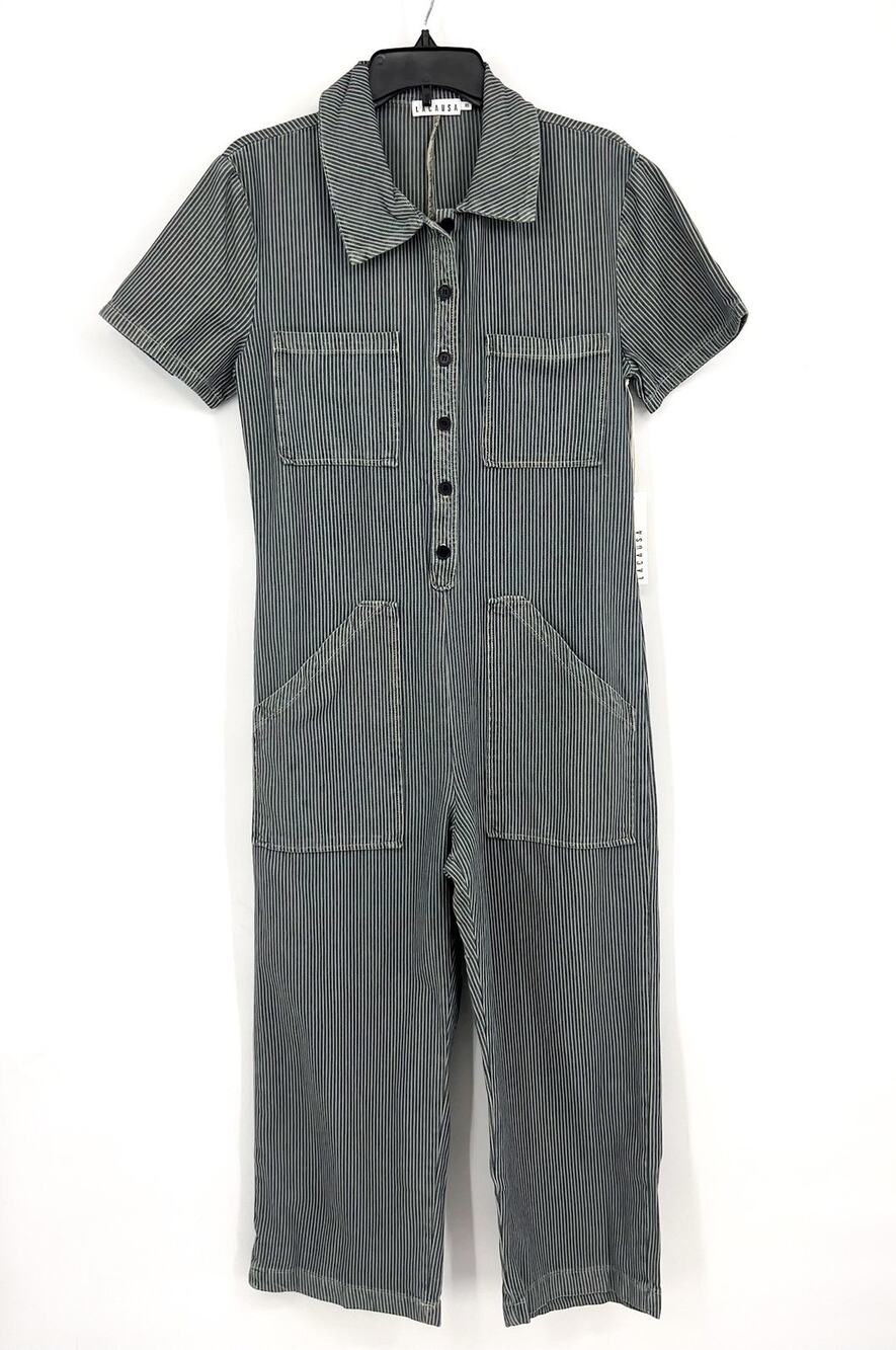 LACAUSA Women's Railroad Lucky Jumpsuit XS Blue Sea Salt Stripe Short Sleeve NWT
